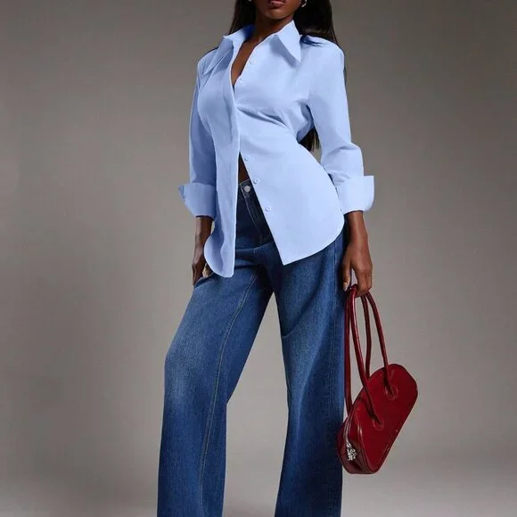 Blue Casual Women's Long Sleeve Button Up Top - Picture 4 of 7